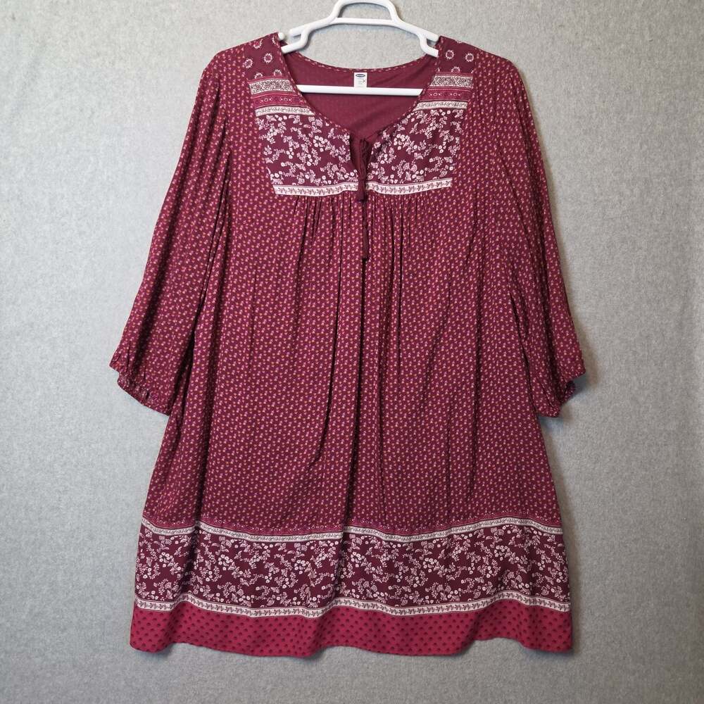 Old Navy Burgundy Floral LS Tassel Boho Shift Dress Tunic Womens Plus XXL Lined